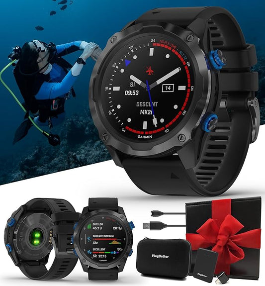 PlayBetter Garmin Descent Mk2i (Titanium Gray DLC/Black) Dive Computer Watch Gift Box Bundle - Air Integration, Multisport Training Features - Includes Portable Charger, Wall Adapter & Hard Case