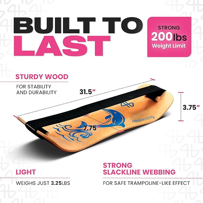 Balance Board for Kids - Slackline Wooden Wobble Board - Slackboard Balance Trainer for Coordination - Training for Skateboard, Snowboard, Football, Soccer, Baseball, Basketball - Dolphin