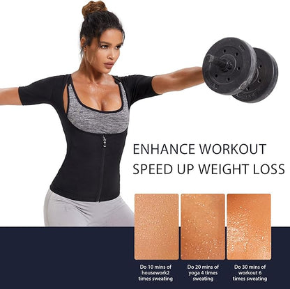 Sauna Suit Shirt for Women Sweat Jacket Hot Waist Trainer Zipper Short Sleeve Workout Vest Tank Top Body Shaper