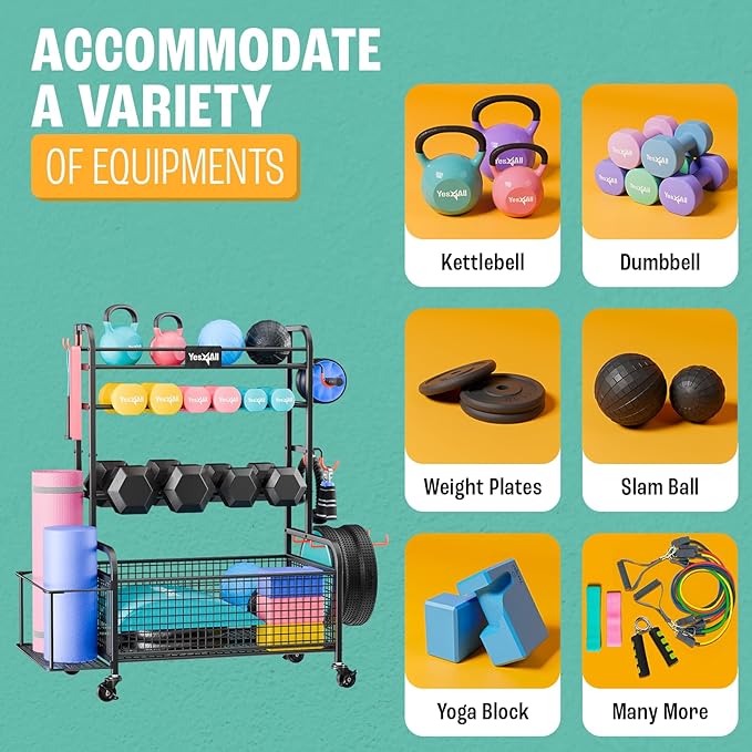 Yes4All Dumbbell Rack, Weight Rack for Home Gym, Sports Equipment Organizer for Dumbbells Kettlebells Yoga Mat Foam Roller and Balls, All in One Gym Workout Storage with Wheels and Hooks