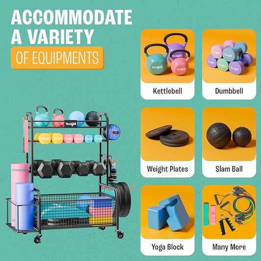 Yes4All Dumbbell Rack, Weight Rack for Home Gym, Sports Equipment Organizer for Dumbbells Kettlebells Yoga Mat Foam Roller and Balls, All in One Gym Workout Storage with Wheels and Hooks