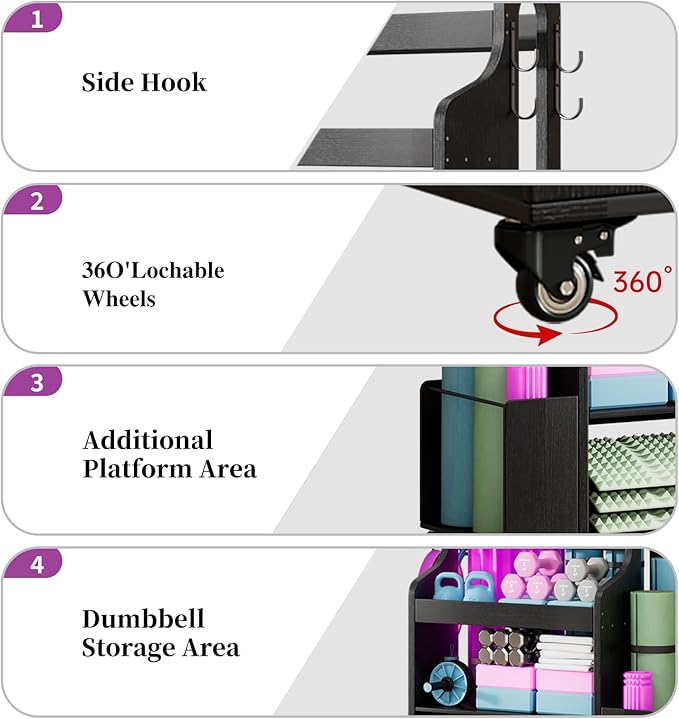 Weight Rack for Dumbbells, Home Gym Storage Rack Yoga Mat Holder with Wheels and Hooks, All in One Workout Storage for Yoga Mat, Foam Roller, Gym Organizer Storage for Home Exercise(Wood)