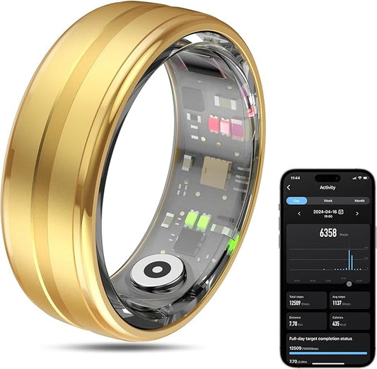 Smart Ring Health Tracker for Men/Women,Fitness Ring Sleep Tracker,Fast Charging for Long-Lasting Use,for Pedometer Exercise,Monitor Sleep, Heart Rate, Stress,Waterproof (Gold, 11)