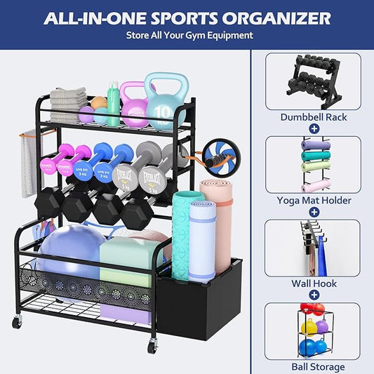 Weight Rack for Dumbbells, Home Gym Storage for Dumbbells Yoga Mat Kettlebells and Balls, All in One Workout Equipment Storage with Wheels and Hooks