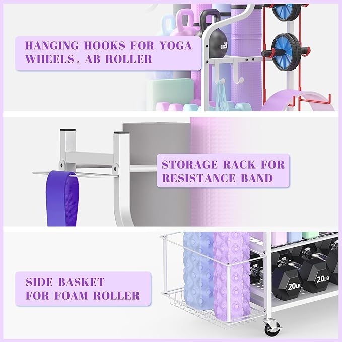 Mythinglogic Yoga Mat Storage Racks,Home Gym Storage Rack for Dumbbells Kettlebells Foam Roller, Yoga Strap and Resistance Bands, Workout Equipment Storage Organizer With Hooks and Wheels