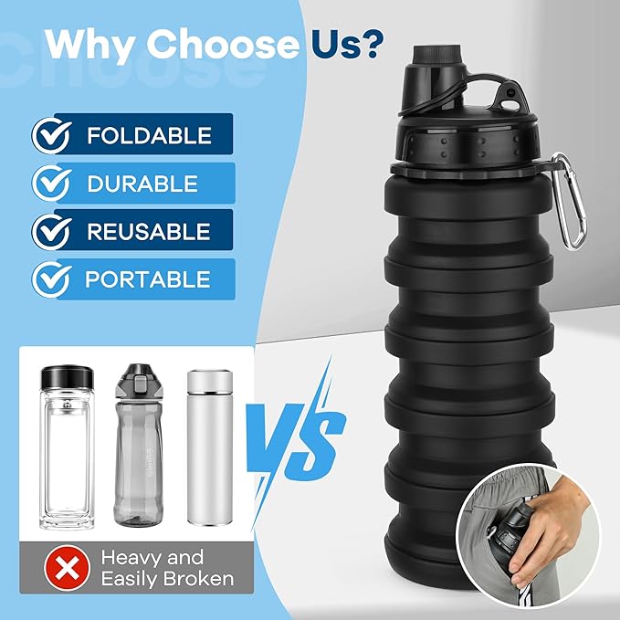 Collapsible Water Bottles, 17oz Reuseable BPA Free Silicone Foldable Water Bottle With Carabiner, Lightweight Leakproof Travel Water Bottle for Gym, Traveling, Camping, Hiking, Sports-Pink