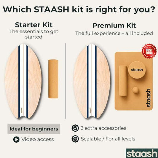 STAASH® Balance Board – Starter (Board + Roller) or Full Kit (w/Mat, Ball & Disc) – Core Balance Trainer for Fitness, Rehab, Surf – Free Coaching Videos