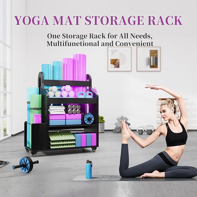 Weight Rack for Dumbbells, Home Gym Storage Rack Yoga Mat Holder with Wheels and Hooks, All in One Workout Storage for Yoga Mat, Foam Roller, Gym Organizer Storage for Home Exercise(Wood)