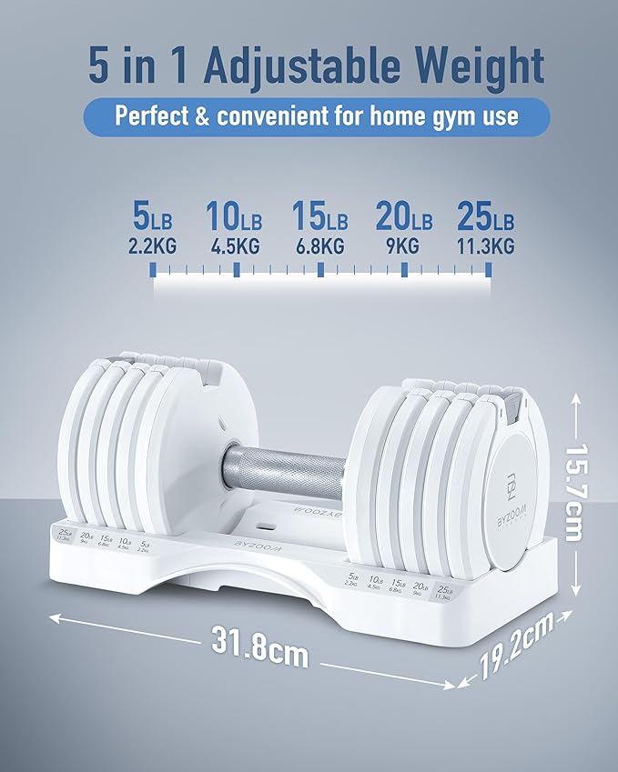 White 25lb Adjustable Dumbbells & Easy Bar Barbell Set for Weight Training Body Workout