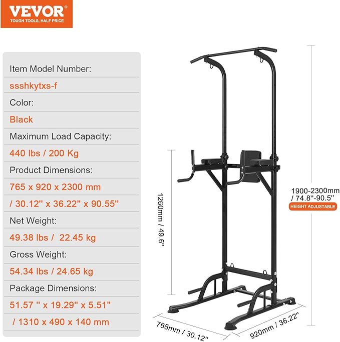 VEVOR Power Tower Dip Station 10-Level Height 7-Level Adjustable 440LBS