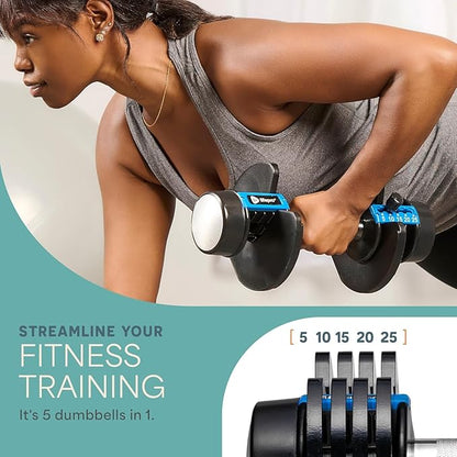 Lifepro Adjustable Dumbbells Set - 5in1-15lb 25lb 43lb weights Set & Single with Rack - Quick Adjust, Secure Grip - Compact Hand Weights for Men Women Home Gym
