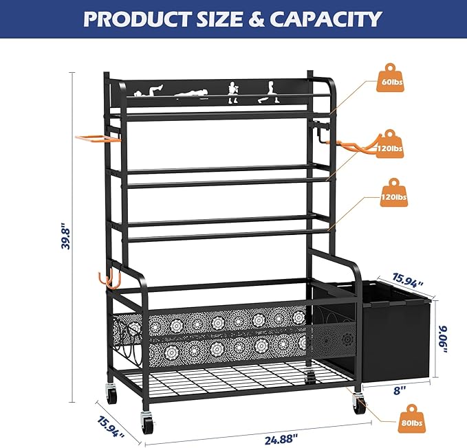 Weight Rack for Dumbbells, Home Gym Storage for Dumbbells Yoga Mat Kettlebells and Balls, All in One Workout Equipment Storage with Wheels and Hooks