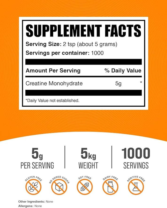 BulkSupplements.com Creatine Monohydrate Powder - Creatine Supplement, Micronized Creatine, Creatine Powder - Unflavored & Gluten Free, 5g (5000mg) per Servings, 5kg (11 lbs) (Pack of 5)