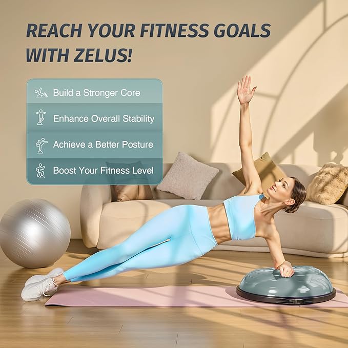 ZELUS 25in. Balance Ball | 660lb Inflatable Half Exercise Ball Wobble Board Balance Trainer w Nonslip Base | Half Yoga Ball Strength Training Equipment w 2 Bands, Pump, Extra Ball Included