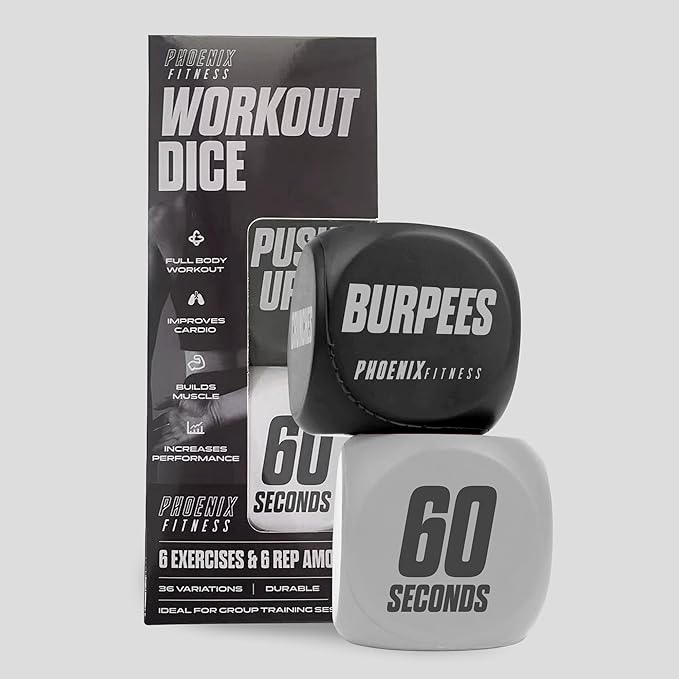 Phoenix Fitness Exercise Dice - Workout Dice Game for Cardio, HIIT Training and Exercise Classes - Training Includes Push Ups, Squats, Jumping Jacks, Crunches & Wildcard - Home and Gym