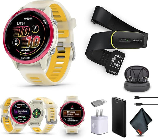 Garmin Forerunner 570 Running Smartwatch, 42MM WiFi, GPS Fitness Smart Watch for Men and Women, Raspberry Aluminum with Translucent Bone/Mango Band + Access 600 Fitness Monitor, XS-S + More