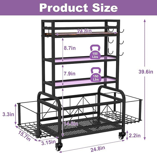 Dumbbell Rack, Home Gym Storage, Gym Storage Rack with Hooks and Wheels,Gym Equipment Storage,Weight Rack for Dumbbells for Organizing Yoga Mats, Kettlebells,Dumbbells, Foam Rollers and ball