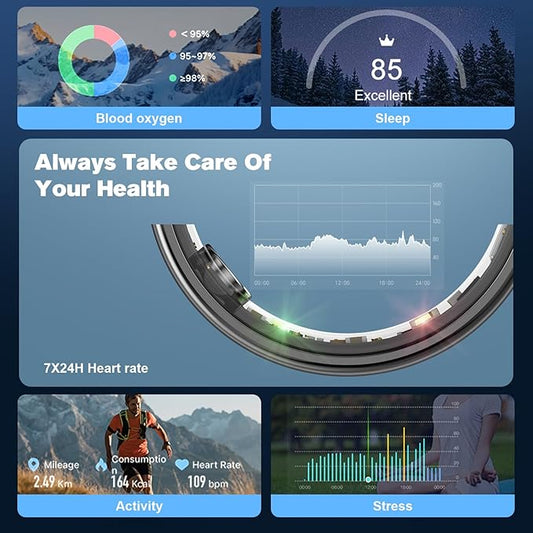 Smart Ring Health Tracker for Men/Women,Fitness Ring Sleep Tracker,Fast Charging for Long-Lasting Use,for Pedometer Exercise,Monitor Sleep, Heart Rate, Stress,Waterproof (Deep Gray, 9)