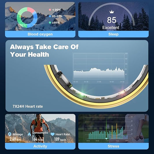 Smart Ring Health Tracker for Men/Women,Fitness Ring Sleep Tracker,Fast Charging for Long-Lasting Use,for Pedometer Exercise,Monitor Sleep, Heart Rate, Stress,Waterproof (Gold, 12)