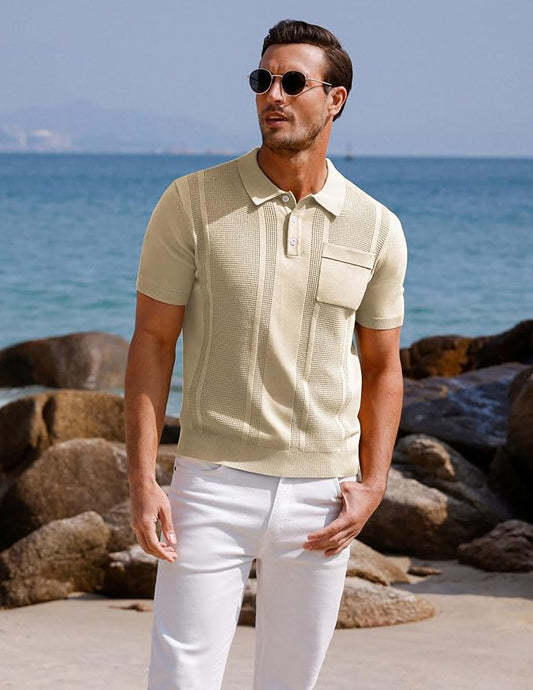 GRACE KARIN Mens Knit Polo Shirts Short Sleeve Knitted Texture Lightweight Waffle Golf Shirts Sweater
