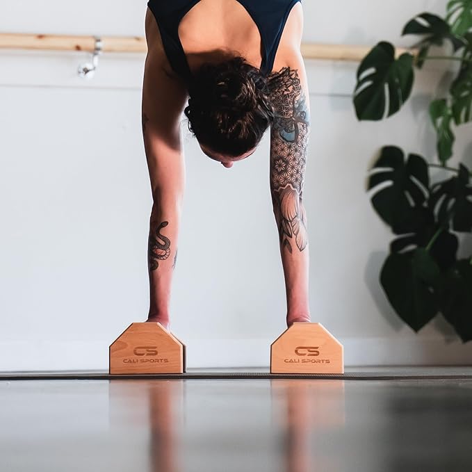 Calisthenics Wood Parallettes Bars | Push Up Bar That Will Not Slip or Wobble | Wrist Wraps Included