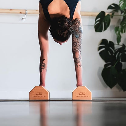 Calisthenics Wood Parallettes Bars | Push Up Bar That Will Not Slip or Wobble | Wrist Wraps Included