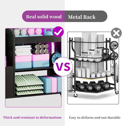Weight Rack for Dumbbells, Home Gym Storage Rack Yoga Mat Holder with Wheels and Hooks, All in One Workout Storage for Yoga Mat, Foam Roller, Gym Organizer Storage for Home Exercise(Wood)