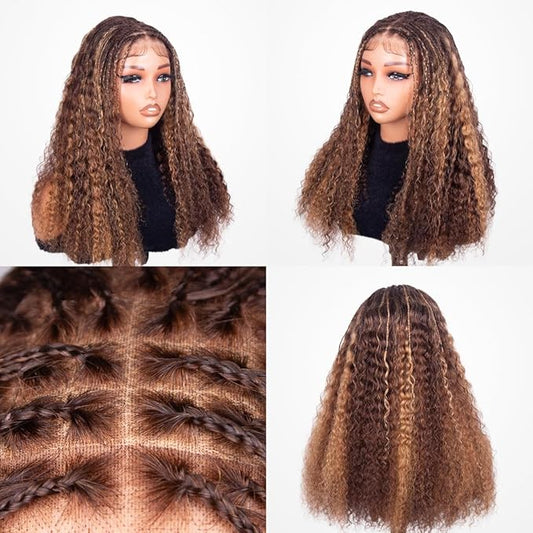 Ombre Braided Wigs for Black Women 200% Density Glueless Wigs Human Hair Pre Plucked Pre Cut 9x6 Blonde Highlight Lace Front Wig Deep Wave Human Hair（4/27 Coloured Curly）20inch