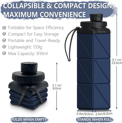 Collapsible Water Bottles, Silicone Foldable Water Bottle 610ml, Portable Lightweight Reusable Leakproof Bottle for Gym Travel Camping Hiking Sports Outdoor, 1 Pack (Dark Blue)