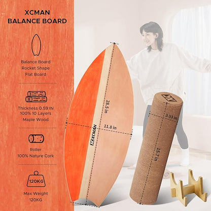 XCMAN Surf Balance Board Trainer with Roller Wooden Exercise Balancing Stability Trainer - Non Slip Surface for Adults Kids|Balance Board for Surfing,Snowboarding,Skateboarding,Hockey,Yoga Training