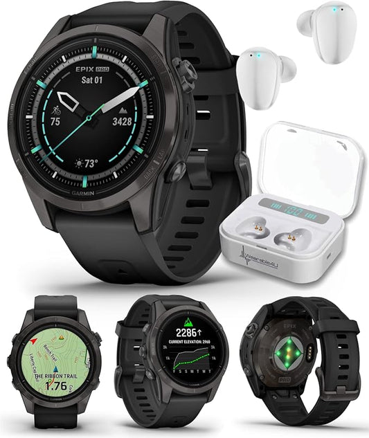 Wearable4U Garmin epix Pro (Gen 2) Sapphire Edition, 42mm, High Performance Smartwatch, Advanced Training Technology, Built-in Flashlight, Black White Earbuds Bundle