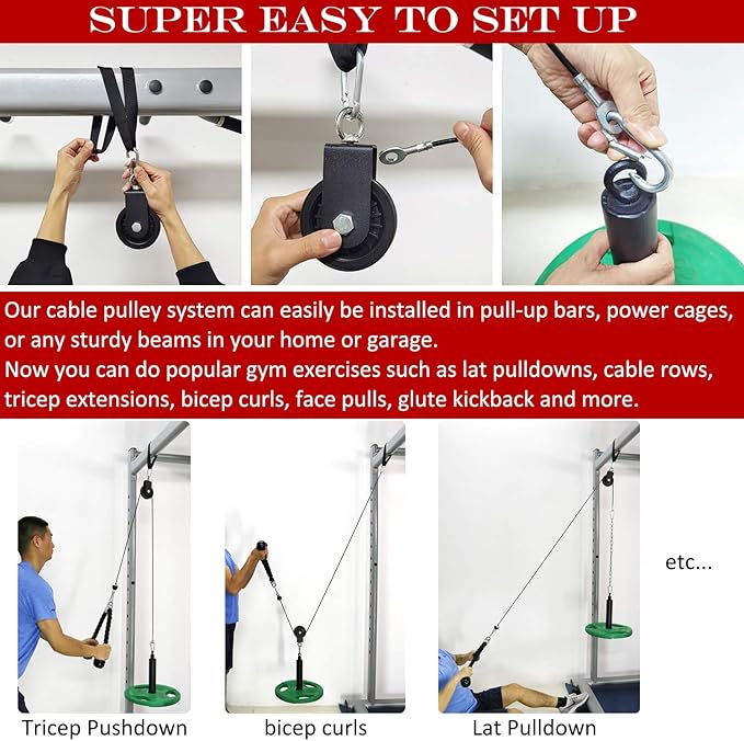 Cable Pulley System Gym Equipment, Squat Rack Accessories for LAT Pulldown, Tricep, Bicep, Arm Workouts - DIY Home Gym Cable Machine - Weight Plates Loading Pin