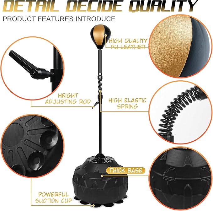 Standing Reflex Speed Bag with Thick Base, Adjustable Height & Reinforced Spring (Golden Black)