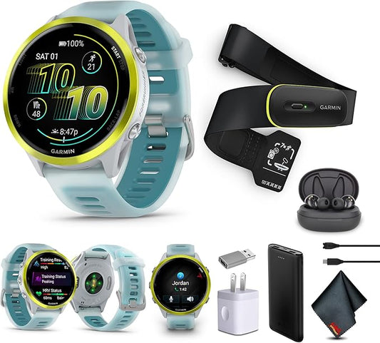 Garmin Forerunner 570 Running Smartwatch, 47MM WiFi, GPS Fitness Watch for Men and Women, Amp Yellow Aluminum with Translucent Whitestone/Turquoise Band + Access 600 Fitness Monitor, XS-S + More