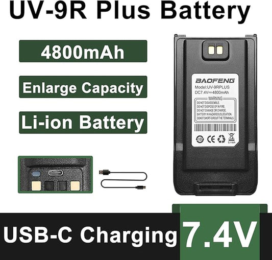 BAOFENG UV-9G Battery USB-C Charger Enlarge 4800mAh Capacity BL-9 Li-ion UV-9R Plus GMRS-9R Accessories BF-T57 Walkie