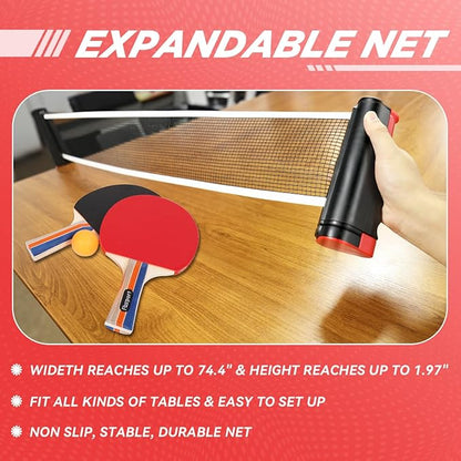 FBSPORT Ping Pong Paddle Set, Table Tennis Set with 4 Rackets and 8 Balls, Retractable Net with Storage Bag - Pingpong Paddle Accessories for Indoor/Outdoor Games