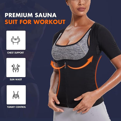Sauna Suit Shirt for Women Sweat Jacket Hot Waist Trainer Zipper Short Sleeve Workout Vest Tank Top Body Shaper