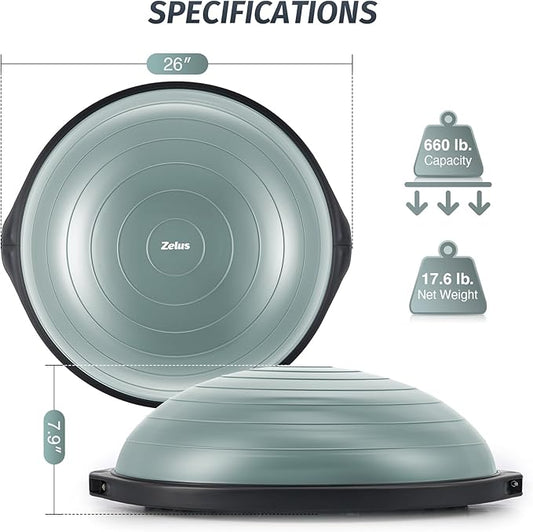 ZELUS 25in. Balance Ball | 660lb Inflatable Half Exercise Ball Wobble Board Balance Trainer w Nonslip Base | Half Yoga Ball Strength Training Equipment w 2 Bands, Pump, Extra Ball Included