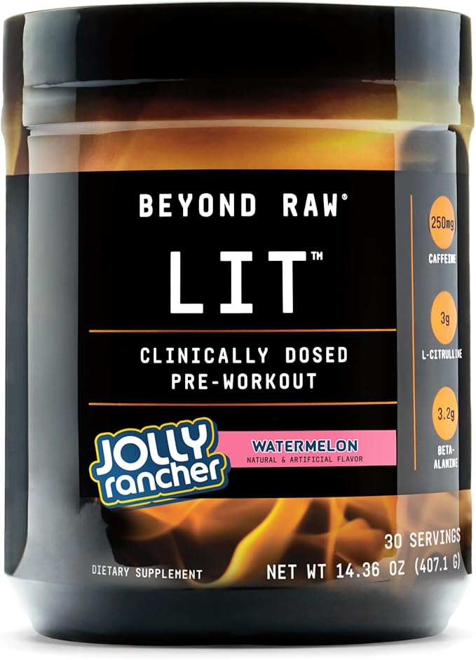 Beyond Raw LIT PreWorkout Powder Supplement For Men and Women, Energy, Focus, Endurance, Pumps, Nitric Oxide Boost, 250mg Caffeine, Creatine, Beta Alanine, Jolly Rancher Watermelon, 30 Servings