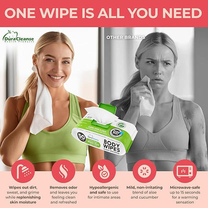 Body Wipes for Women, Extra Moist No Rinse Bathing Wipes - 50 XL Shower Cloths + 4 Travel Size Bath Sheets - 9"x12" After Gym & Post Workout Deodorant, Disposable Washcloths, Womens Hygiene Essentials