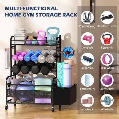 Weight Rack for Dumbbells, Home Gym Storage for Dumbbells Yoga Mat Kettlebells and Balls, All in One Workout Equipment Storage with Wheels and Hooks