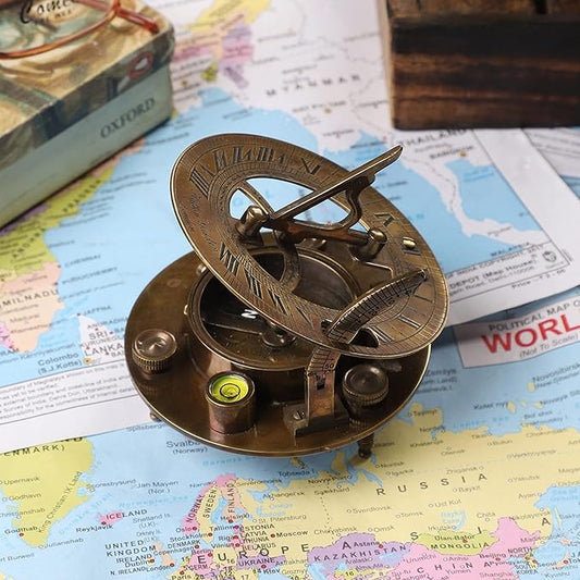 Antique Nautical Brass Sundial with Compass Table Décor