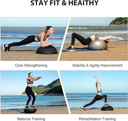 ZELUS 25in. Balance Ball | 660lb Inflatable Half Exercise Ball Wobble Board Balance Trainer w Nonslip Base | Half Yoga Ball Strength Training Equipment w 2 Bands, Pump, Extra Ball Included