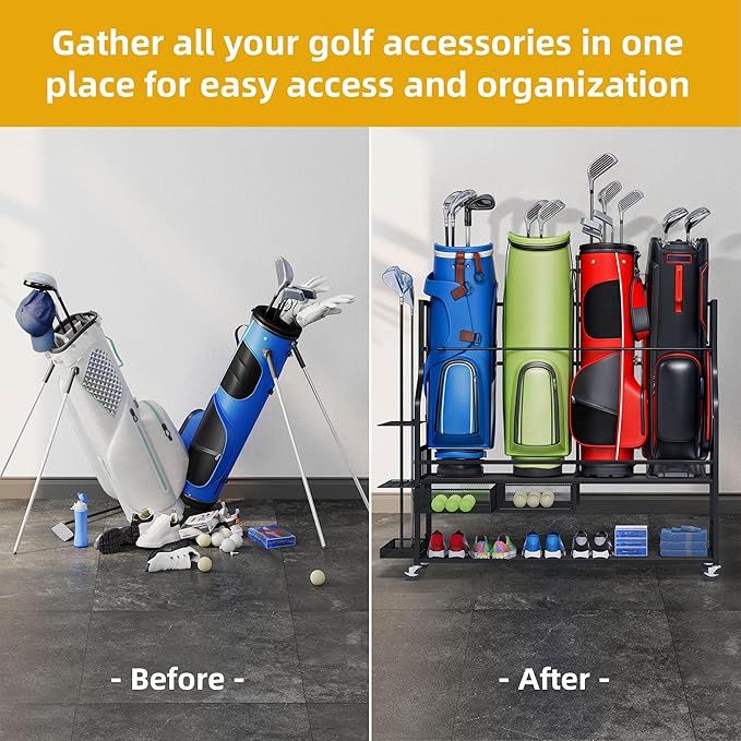 DWVO Golf Bag Organizer for Garage, Golf Storage Organizer w/Wheels for Garage Club and Shed, Golf Bag Storage Rack w/Drawer for Golf Bags, Clubs, Balls and Other Equipment Accessories