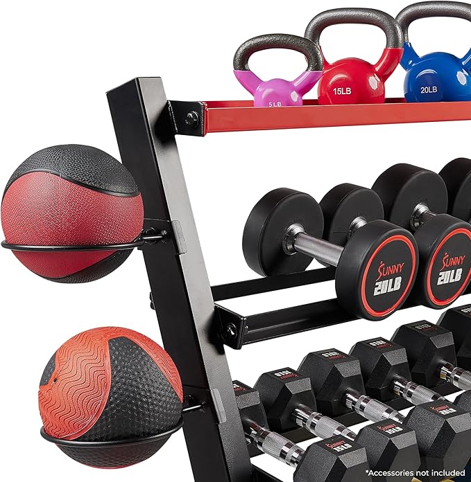 Sunny Health & Fitness Multi-Weight Storage Rack Stand for Dumbbells, Kettlebells, Olympic Weight Plates, Barbell, Medicine Ball