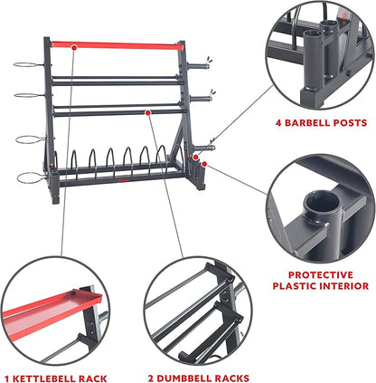 Sunny Health & Fitness Multi-Weight Storage Rack Stand for Dumbbells, Kettlebells, Olympic Weight Plates, Barbell, Medicine Ball