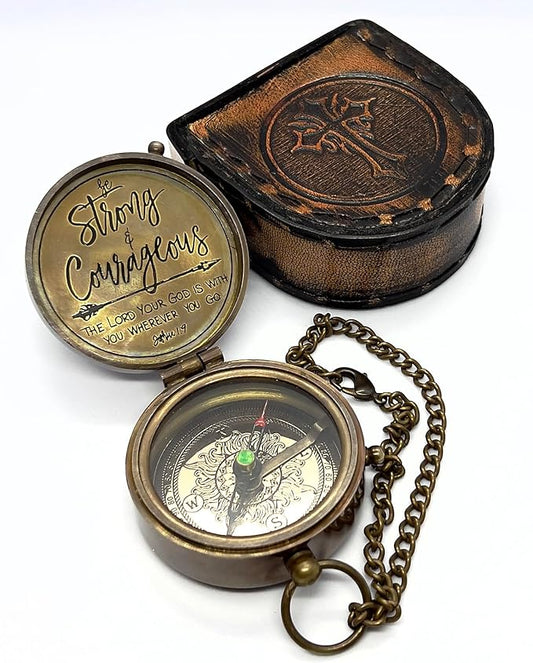 Be strong and courageous Brass Compass with Leather