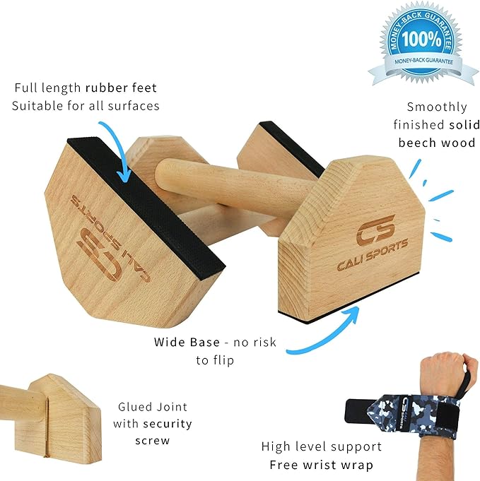 Calisthenics Wood Parallettes Bars | Push Up Bar That Will Not Slip or Wobble | Wrist Wraps Included