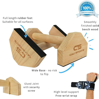 Calisthenics Wood Parallettes Bars | Push Up Bar That Will Not Slip or Wobble | Wrist Wraps Included