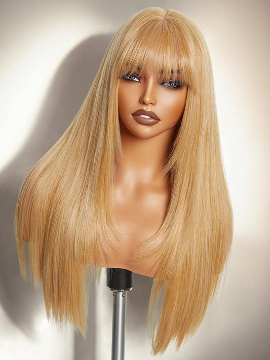 GORGIUS Straight Glueless Wig with Bangs Golden Blonde Layered Hair Ready-to-Go Synthetic Bang Wigs with Realistic Scalp 24 Inch